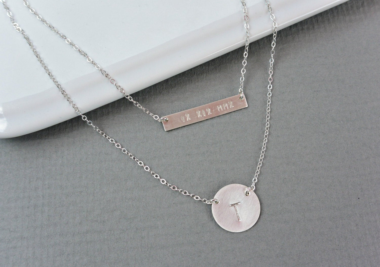Sterling Silver Bar Necklace Personalized
 Personalized Sterling SILVER Bar Necklace Initial Disc