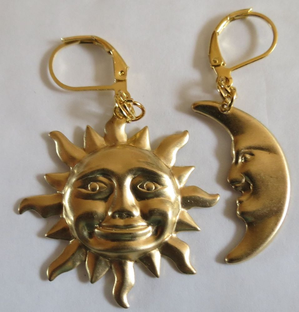 Sun And Moon Earrings
 SUN AND MOON LARGE GOLD TONE EARRINGS FOR PIERCED EARS