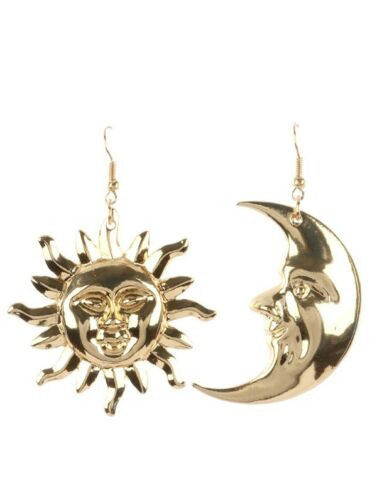 Sun And Moon Earrings
 Gold Sun and Crescent Moon Face Hook Earrings