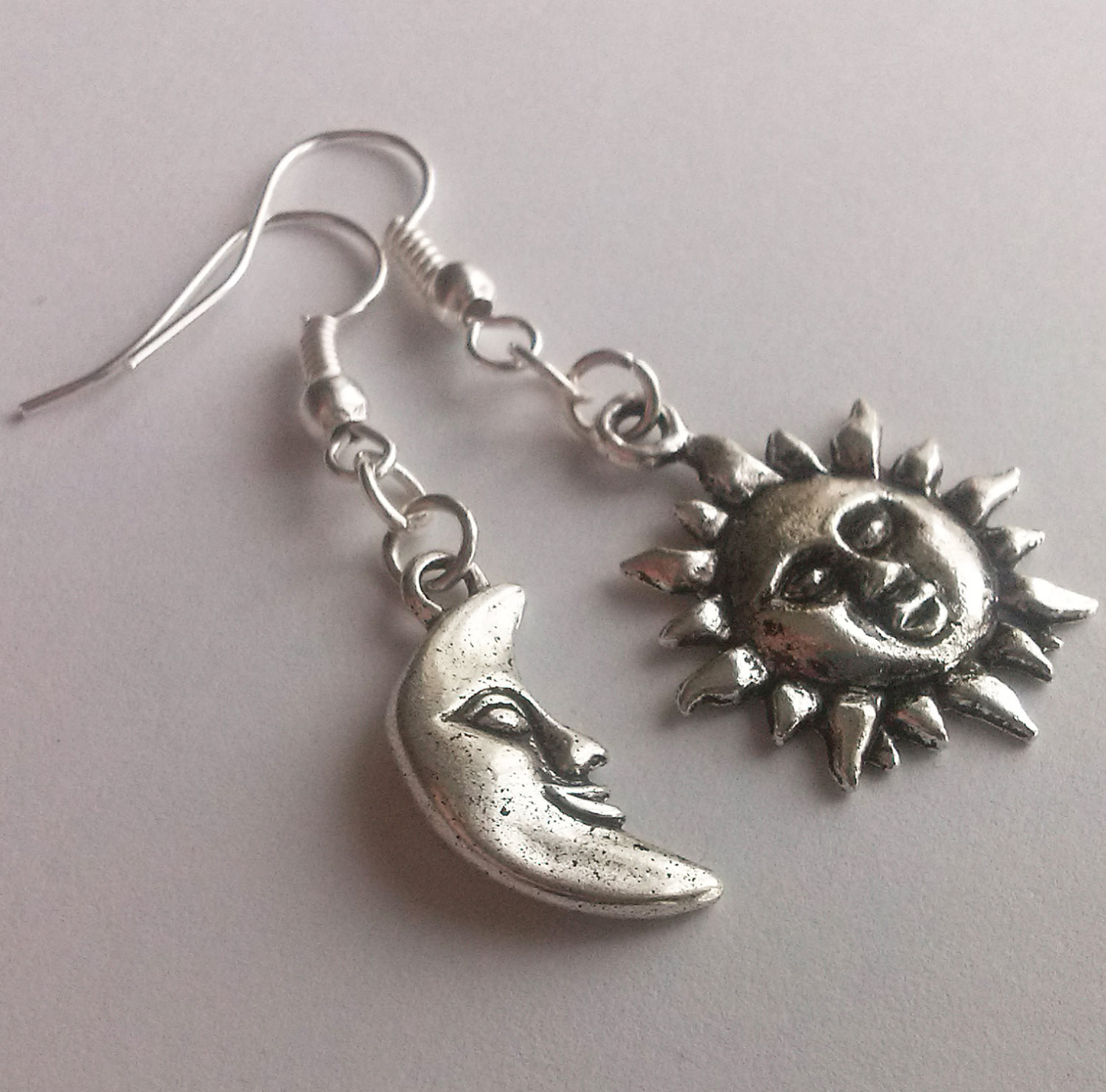 Sun And Moon Earrings
 Asymmetrical Mismatched Earrings Silver Sun and Moon Smiling