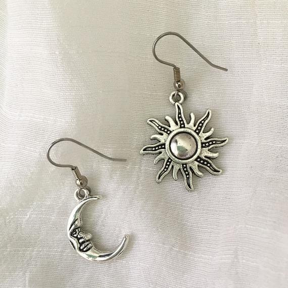 Sun And Moon Earrings
 Sun Moon Earrings Mismatched Moon and Sun Earrings Celestial