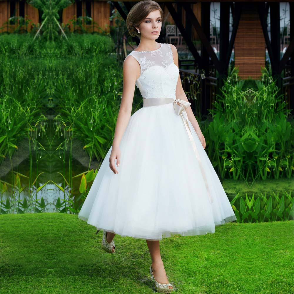 T Length Wedding Dresses
 2016 Wholesale Factory Lace Scoop Ball Gown T Length Short