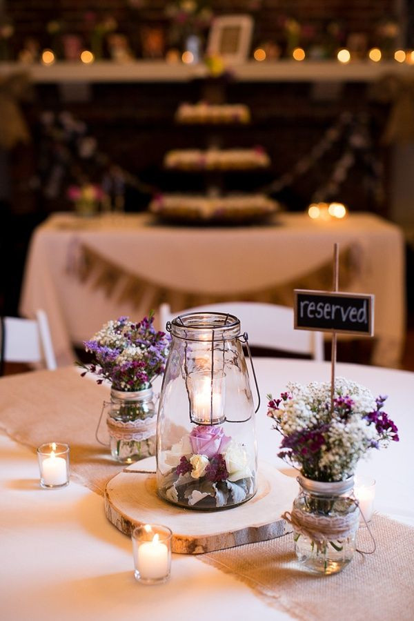 Table Decorations For Wedding Reception
 Sweet Purple Rustic Wedding in Suffolk in 2019