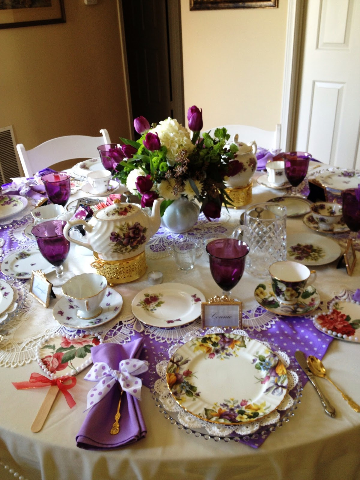 Table Setting Ideas For Tea Party
 Make it Delightful Tea Table in Purples Polka Dots