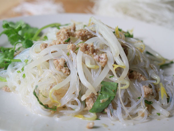 Thai Glass Noodles
 Cellophane Noodles with Pork and Thai Basil Recipe