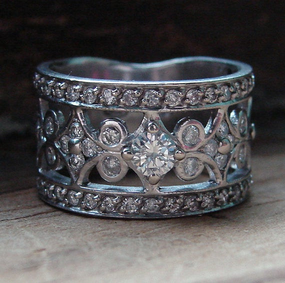 Thick Wedding Rings
 Antique Wedding Band Vintage White Gold Diamond Band Wide