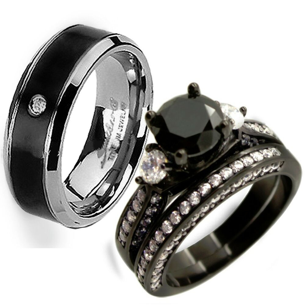 Titanium Wedding Ring Sets
 Hers Sterling Silver Three Stone His Black Titanium