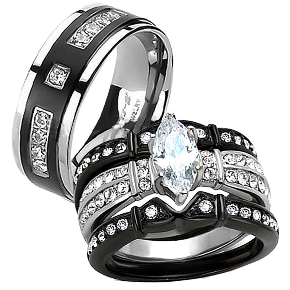 Titanium Wedding Ring Sets
 His & Hers Black Stainless Steel Titanium 4 Pcs Wedding