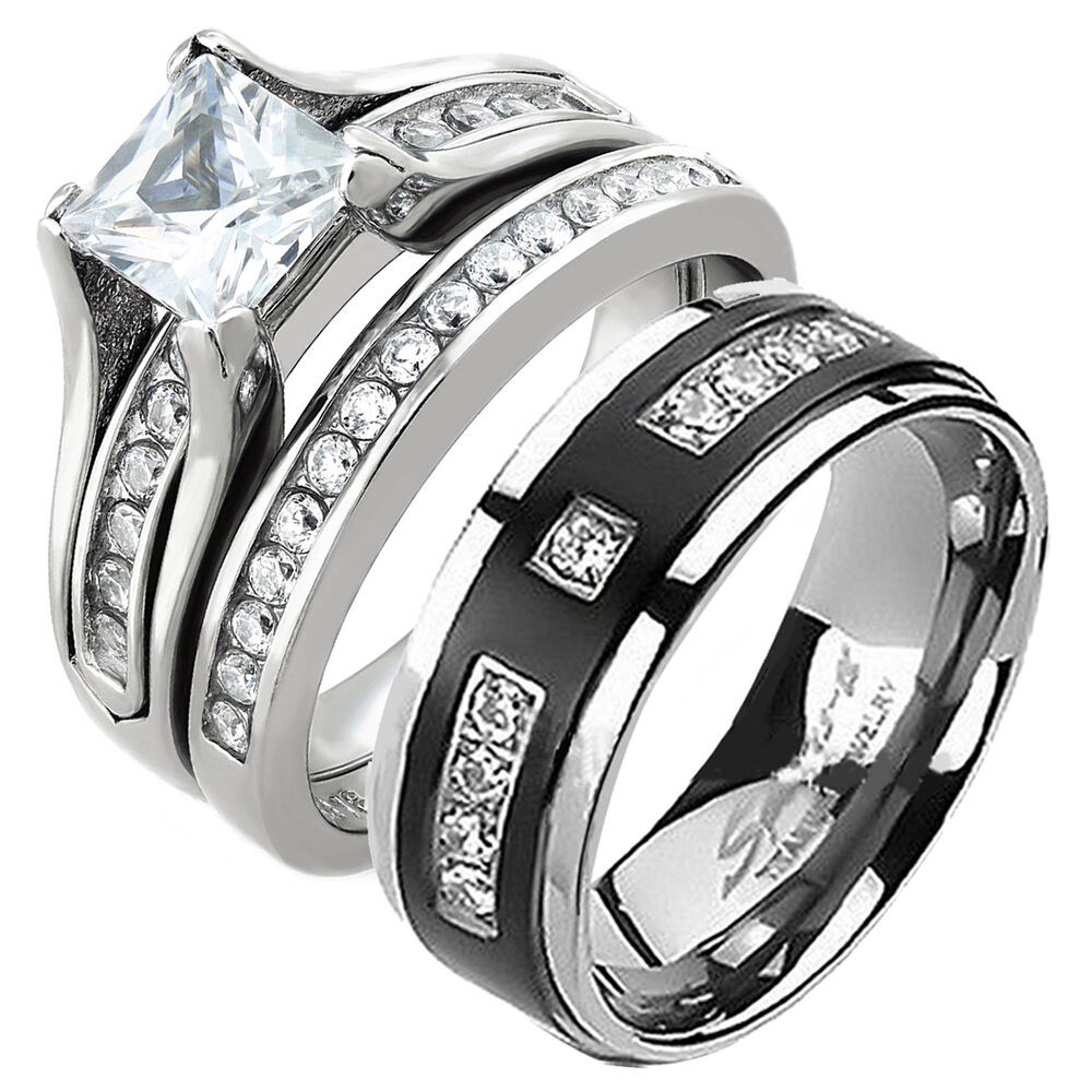 Titanium Wedding Ring Sets
 His and Hers Stainless Steel Princess Cut Wedding Ring Set
