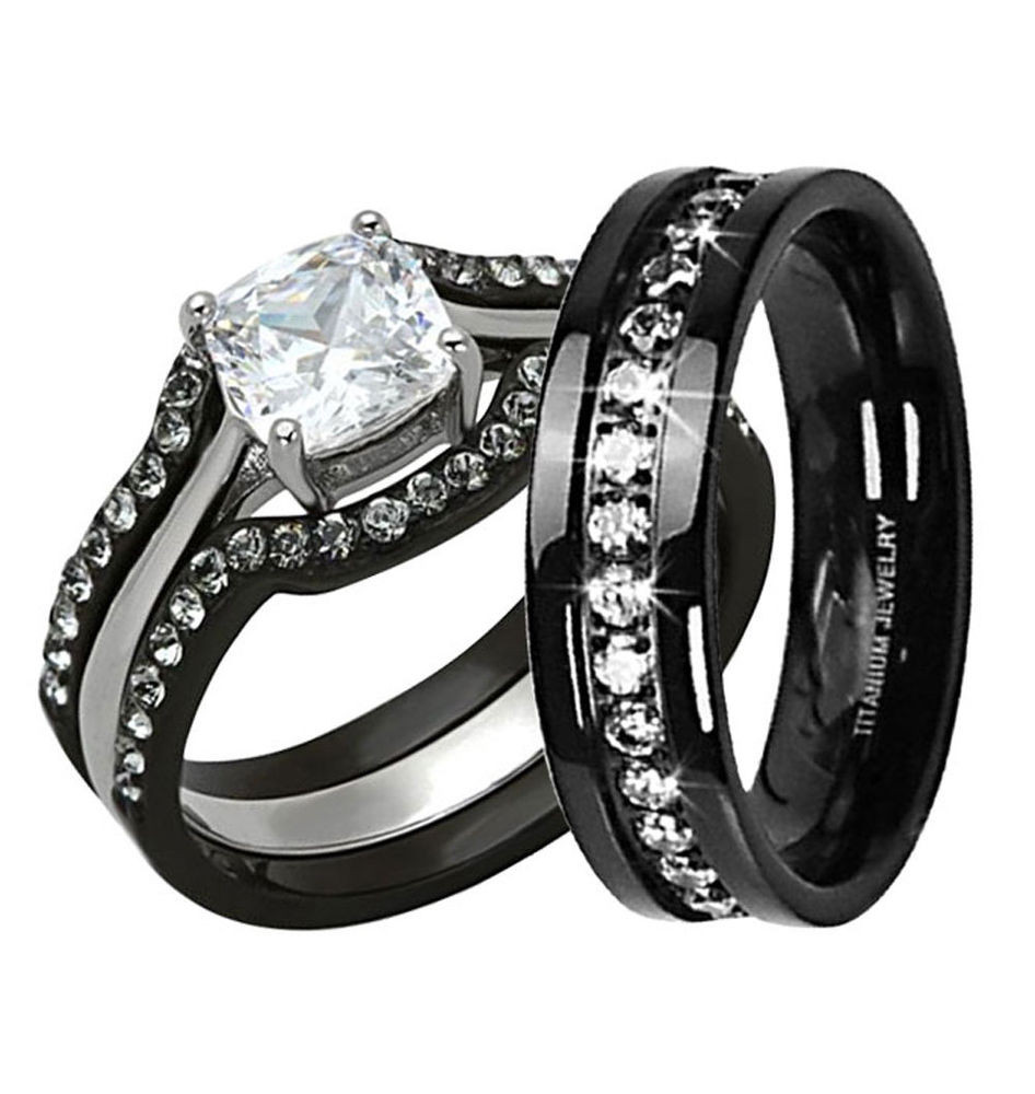 Titanium Wedding Ring Sets
 His Hers 4 Pc Black Stainless Steel Titanium Wedding