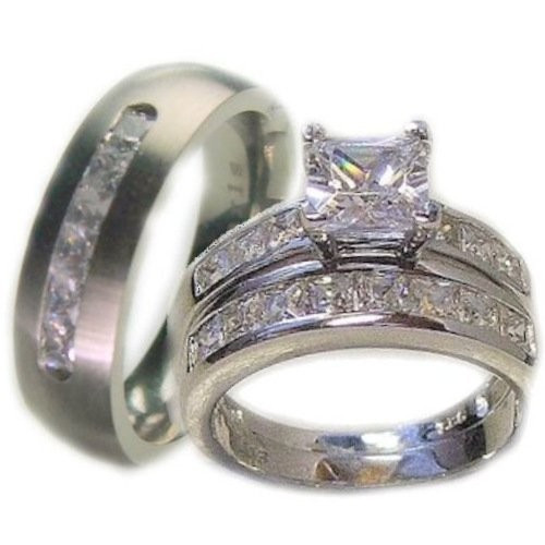 Titanium Wedding Ring Sets
 3 Pieces His Her Sterling Silver Titanium CZ Wedding Ring