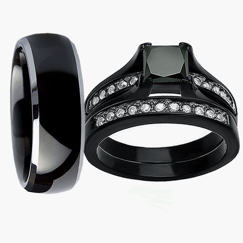 Titanium Wedding Ring Sets
 His Hers 3 Piece Black CZ 925 Sterling Silver & Titanium