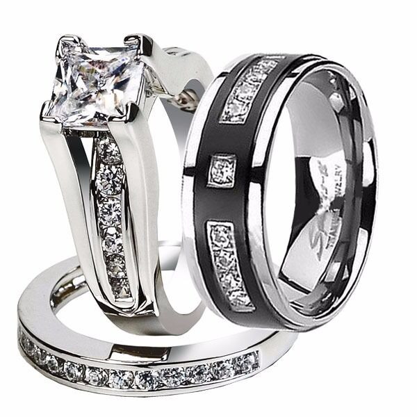 Titanium Wedding Ring Sets
 His Hers 3 Pcs CZ 925 Sterling Silver Black Titanium