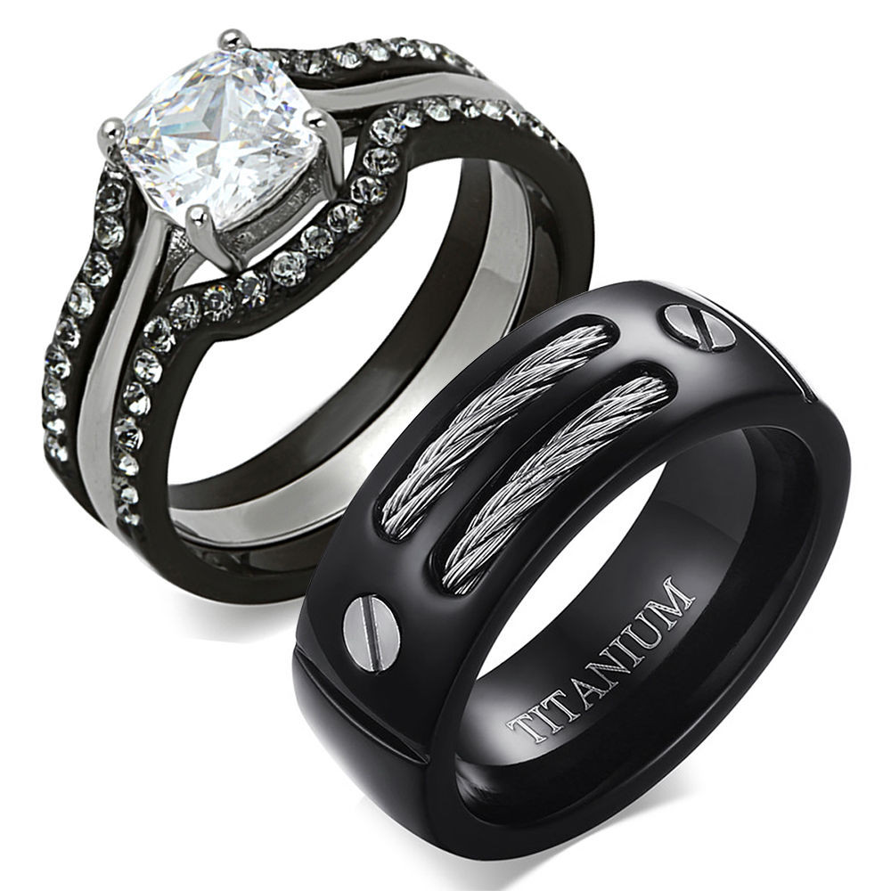 Titanium Wedding Ring Sets
 HIS & HERS 4 PC BLACK STAINLESS STEEL TITANIUM Wedding