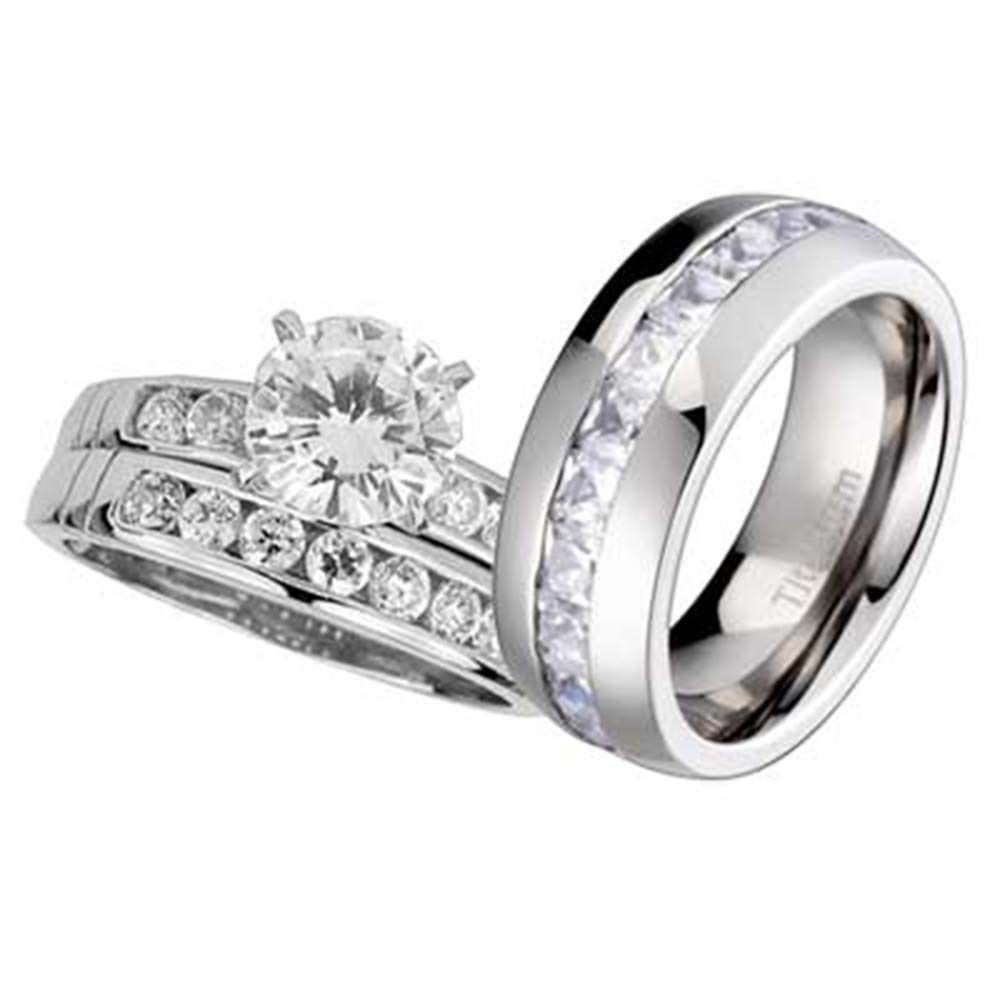 Titanium Wedding Ring Sets
 His and Hers Wedding Rings 3 pcs Engagement CZ Sterling