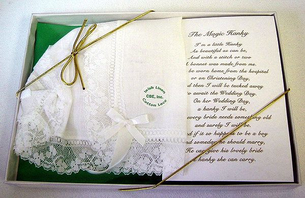 Traditional Irish Baby Gifts
 A hanky is given to a bride to carry on her wedding day