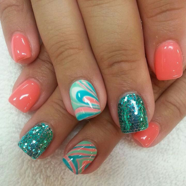 Turquoise Nail Ideas
 Pretty coral and turquoise