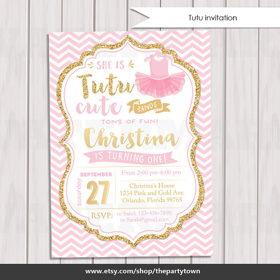 Tutu Birthday Invitations
 Tutu Pink and Gold invitation Ballerina Gold Glitter