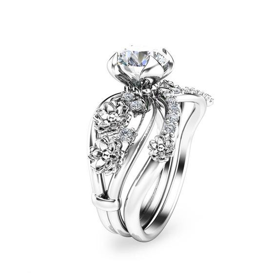 Unique Wedding Band Sets
 Moissanite Unique Engagement Ring Set 14K White Gold