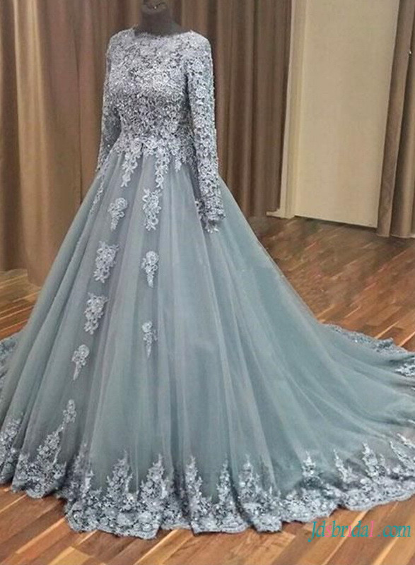 Unique Wedding Gowns With Color
 H0797 Unique gray color tulle lace ball gown wedding prom
