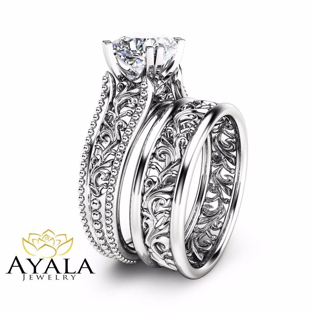 Unique Wedding Rings Sets
 Cushion Diamond Wedding Ring Set Unique 14K White Gold