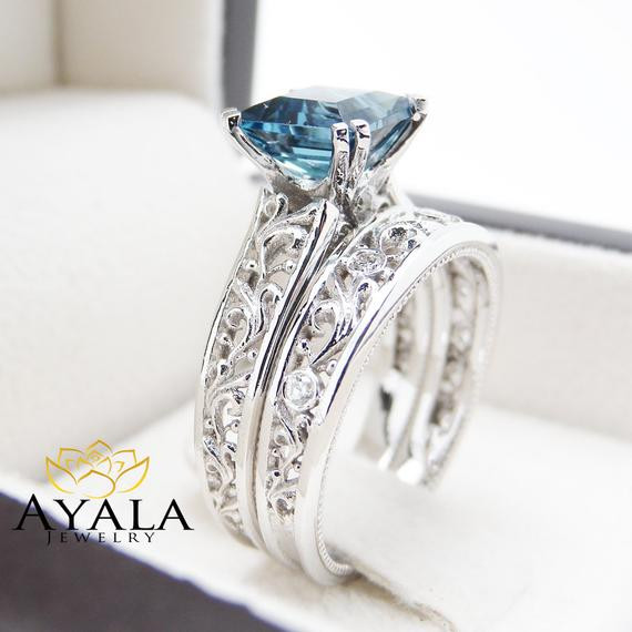 Unique Wedding Rings Sets
 London Blue Topaz Engagement Ring Set Princess Cut Topaz