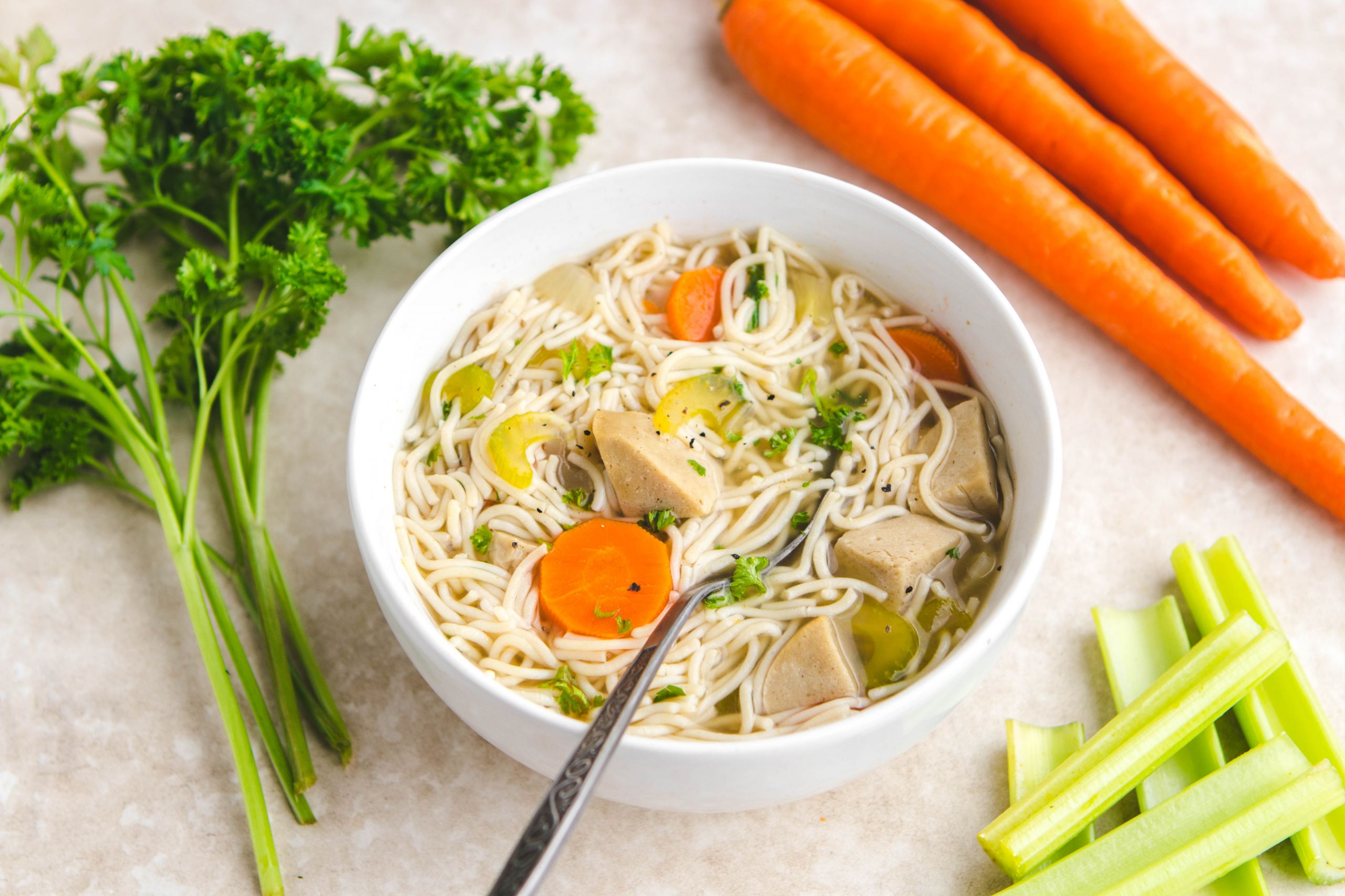 Vegetarian Chicken Noodle Soup
 Loaded Vegan "Chicken" Noodle Soup From My Bowl