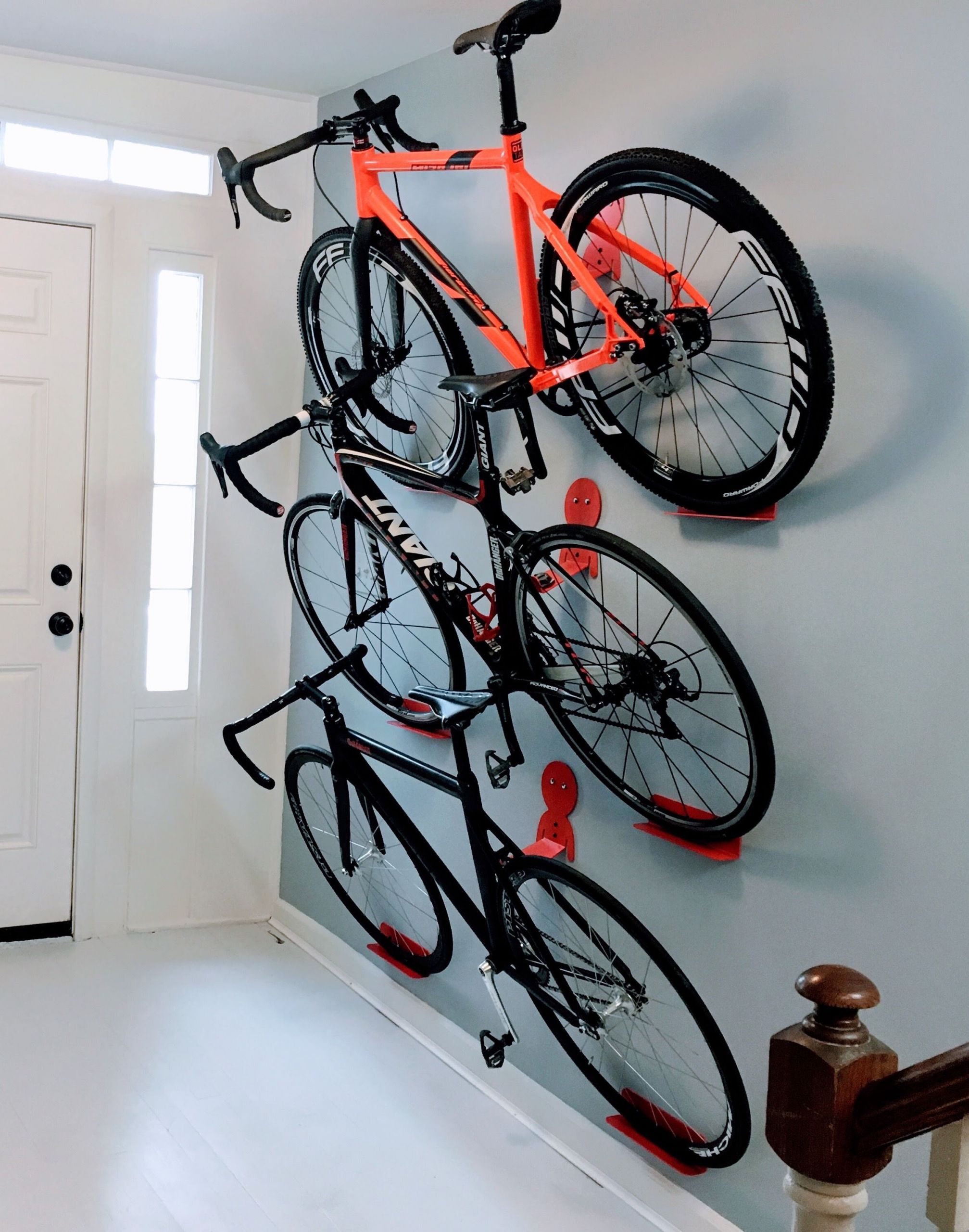Wall Bike Rack DIY
 Multiple bikes hanging rack system DaHANGER Dan pedal