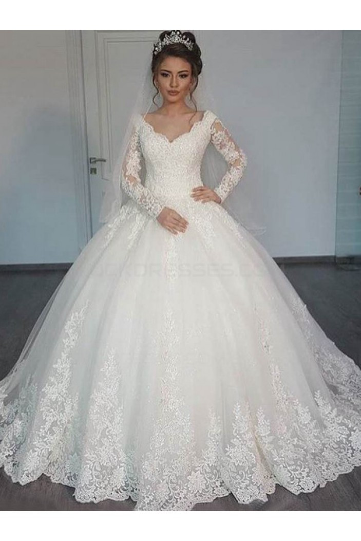 Wedding Ball Gowns
 Bridal Ball Gown V Neck Lace Long Sleeves Wedding Dresses