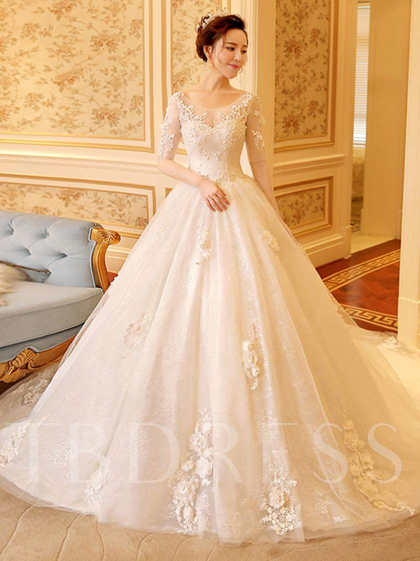 Wedding Ball Gowns
 Scoop Neck Half Sleeve Appliques Lace Ball Gown Wedding