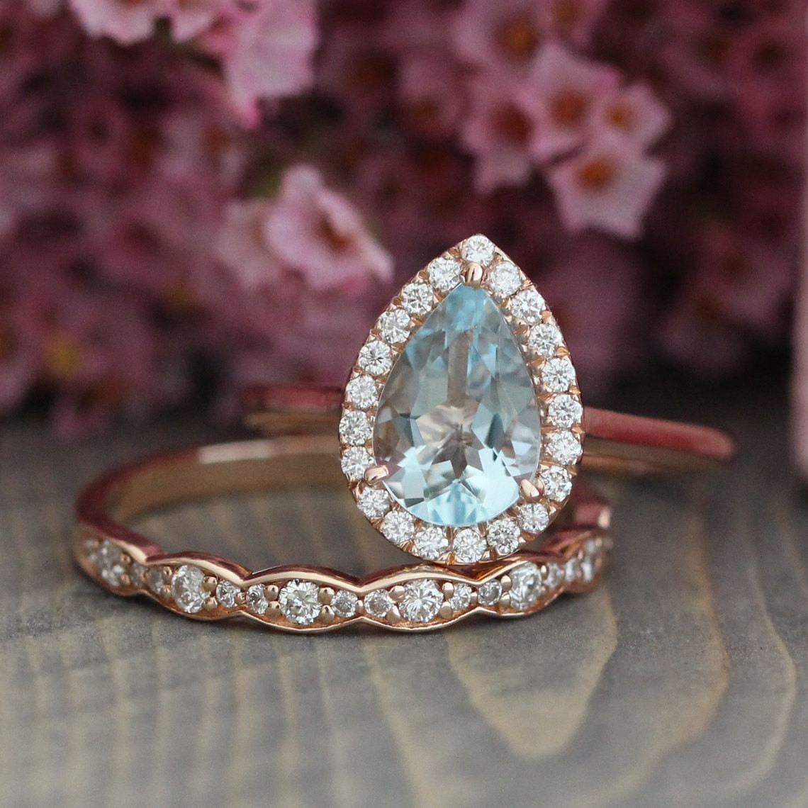 Wedding Bands And Engagement Rings
 Pear Aquamarine Engagement Ring and Scalloped by LaMoreDesign