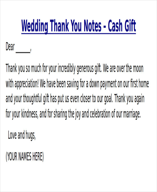 Wedding Gift Thank You Wording
 Sample Thank You Note for Money 7 Examples in Word PDF