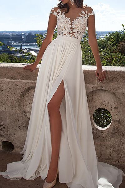 Wedding Gowns For Beach Wedding
 Ivory Lace Beach Wedding Dresses Front Slit See Through