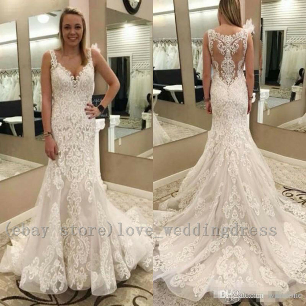 Wedding Gowns With Straps
 Lace Mermaid Wedding Dresses Spaghetti Straps V Neck
