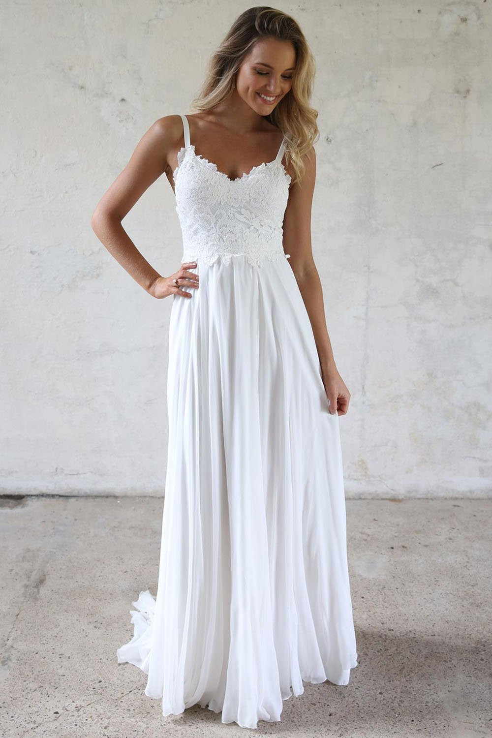 Wedding Gowns With Straps
 A line Spaghetti Straps Lace Top Beach Wedding Dresses