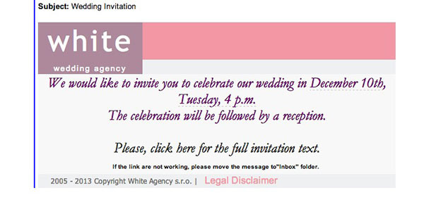 Wedding Invitation Email
 Wedding Invitation Malware Emails