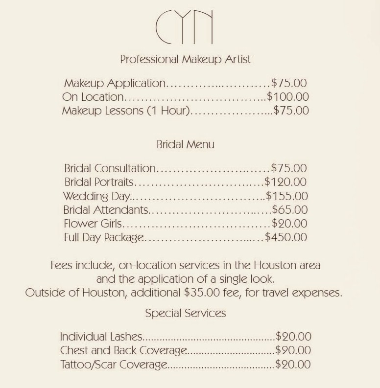 Wedding Makeup Artist Prices
 Cyn Cosmetics Services Make up Application on site