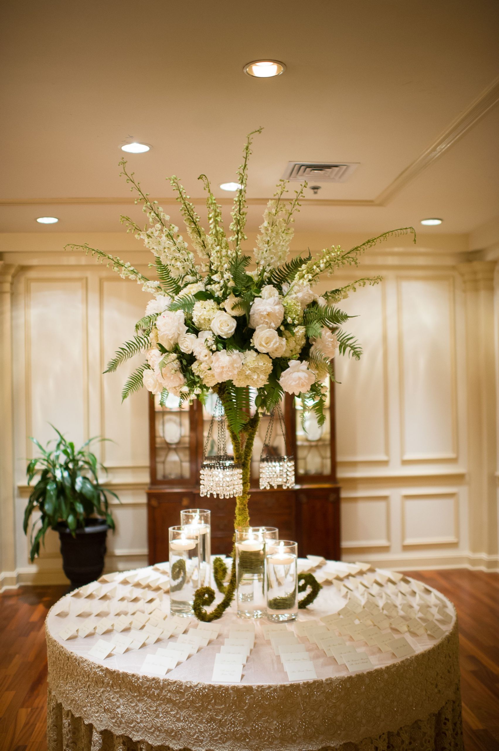 Wedding Reception Flower Arrangements
 Tall Flower Arrangement With Ivory Roses and Delphiniums