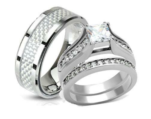 Wedding Ring Set His And Hers
 His and Hers Wedding Rings Stainless Steel Princess Cut CZ