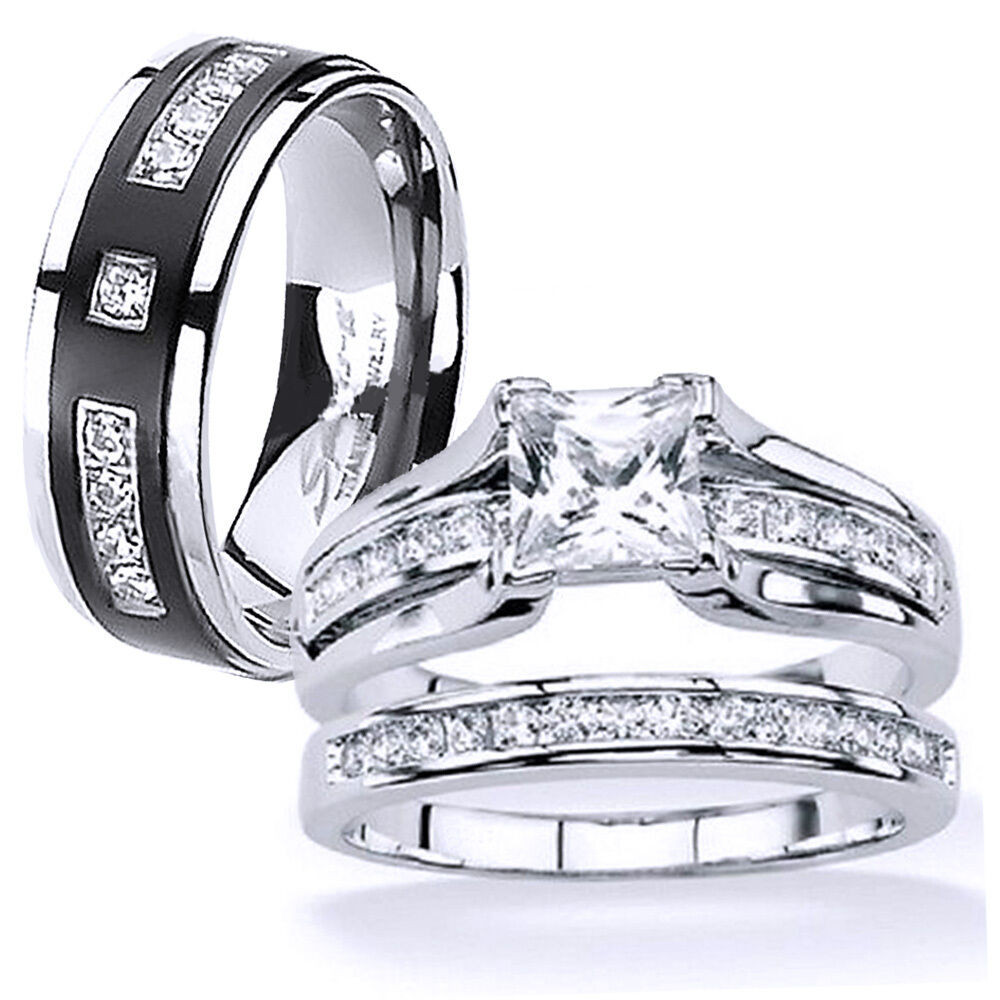 Wedding Ring Set His And Hers
 His and Hers Stainless Steel Princess Cut Wedding Ring Set