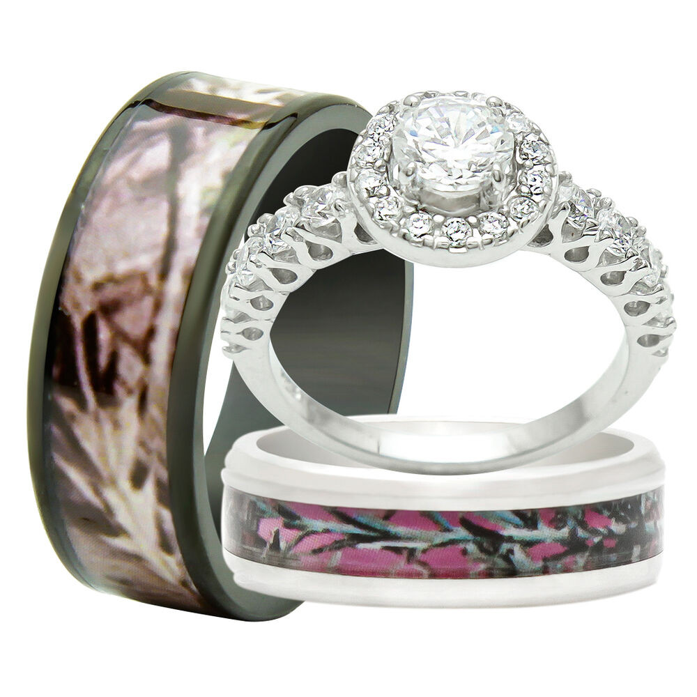 Wedding Ring Set His And Hers
 His and Hers 3PCS Titanium Camo 925 Sterling Silver