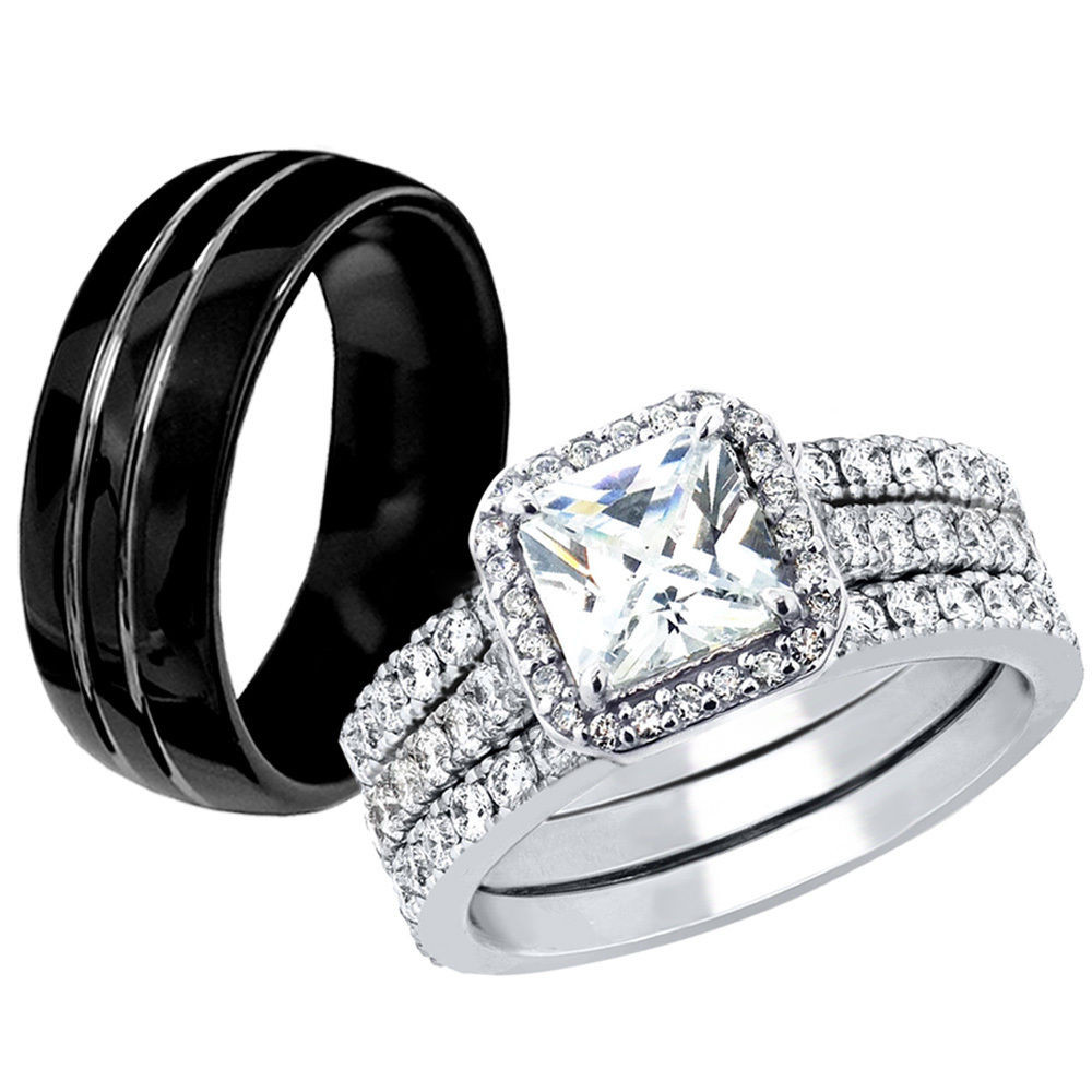 Wedding Ring Sets Black
 Hers 925 Sterling Silver CZ His Black Tungsten Engagement