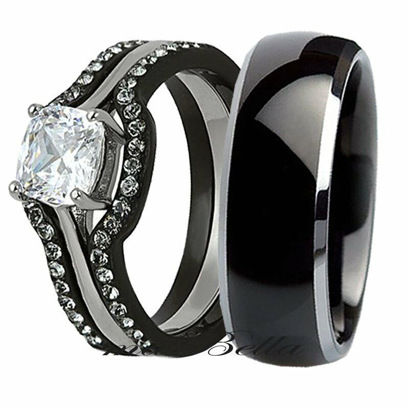 Wedding Ring Sets Black
 His Titanium Hers 4 Pcs Black Stainless Steel Wedding