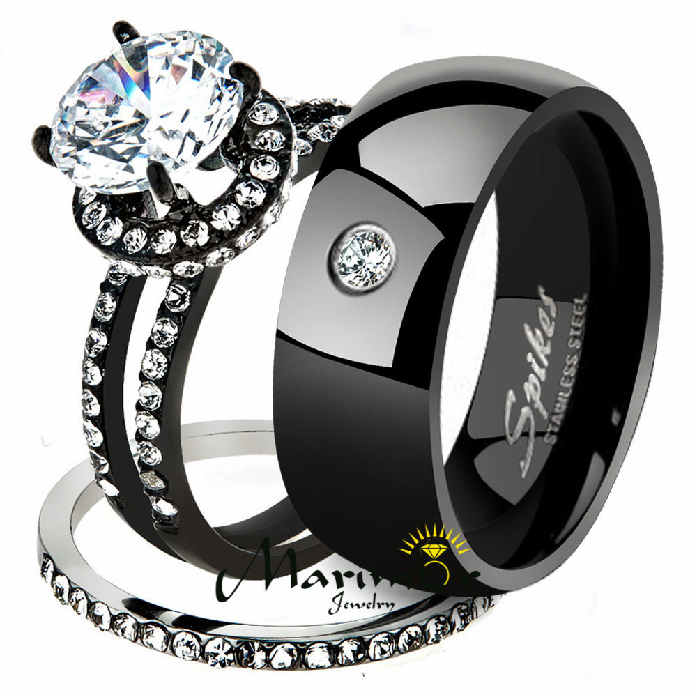 Wedding Ring Sets Black
 Hers & His 3pc Black Ion Plated Stainless Steel Wedding