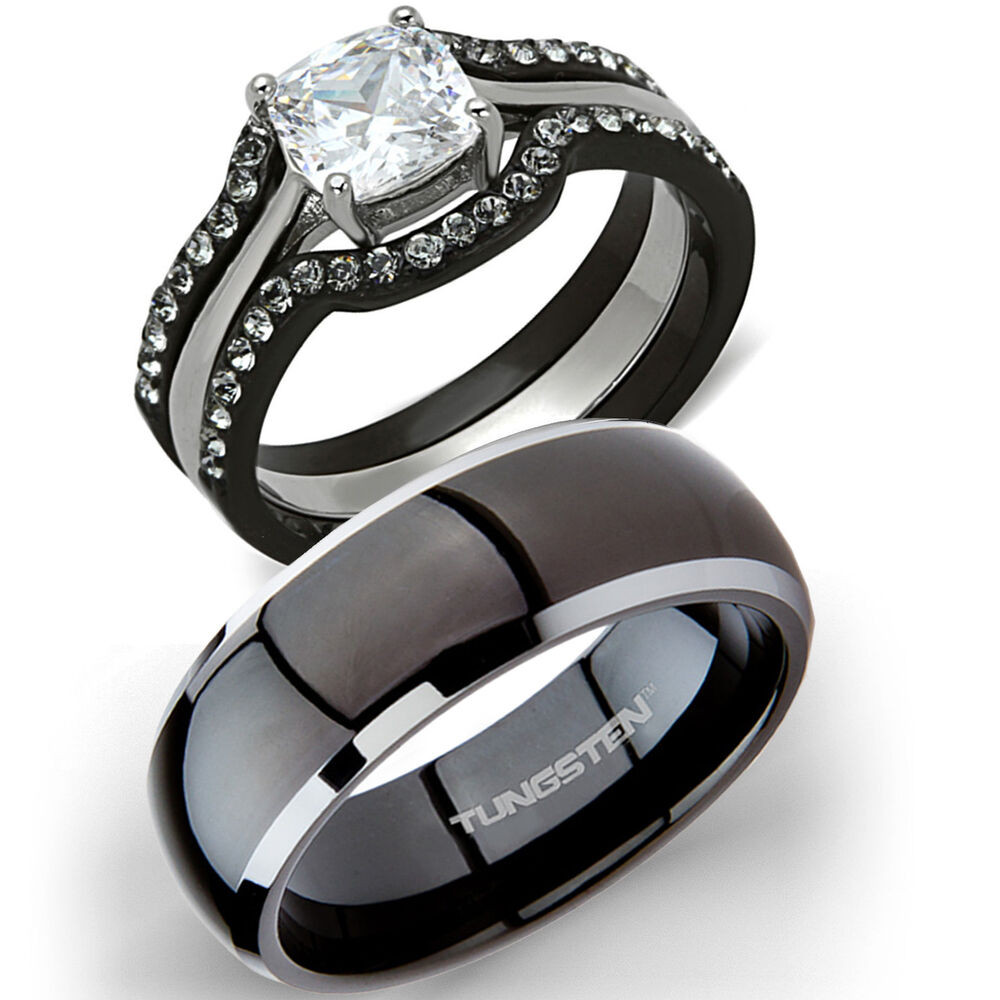 Wedding Ring Sets Black
 His Tungsten & Hers 4 Pc Black Stainless Steel Wedding