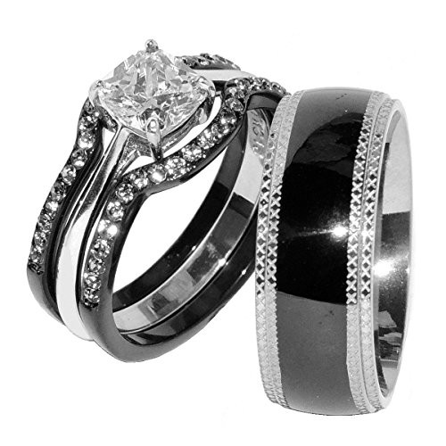 Wedding Ring Sets Black
 His & Hers 4 PCS Black IP Stainless Steel CZ Wedding Ring