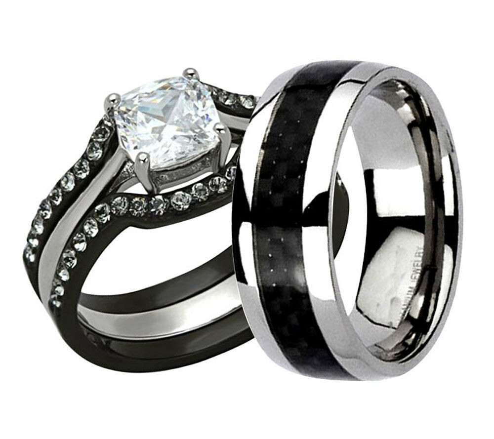 Wedding Ring Sets Black
 His Hers 4 Pc Black Stainless Steel Titanium Wedding