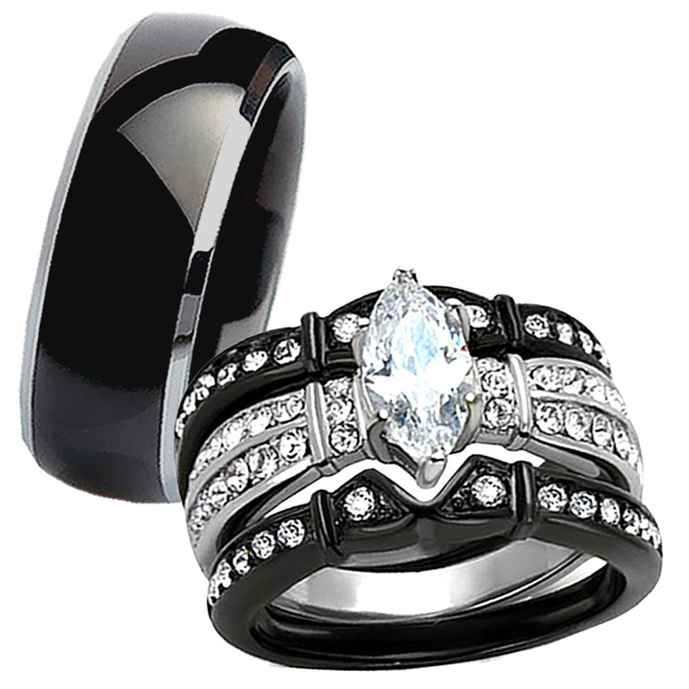 Wedding Ring Sets Black
 Hot 4 Pc His Tungsten Her Black Stainless Steel Wedding