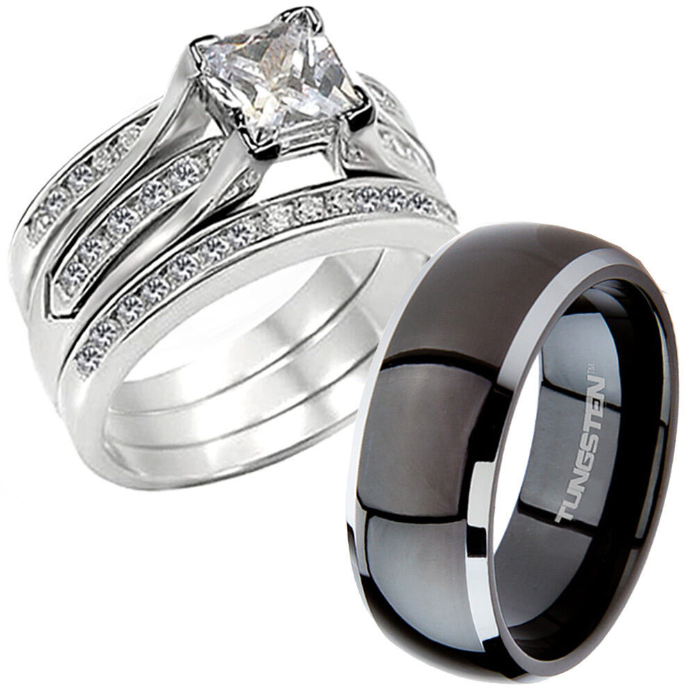 Wedding Ring Sets Black
 Hers CZ 925 Sterling Silver His Black Titanium Wedding