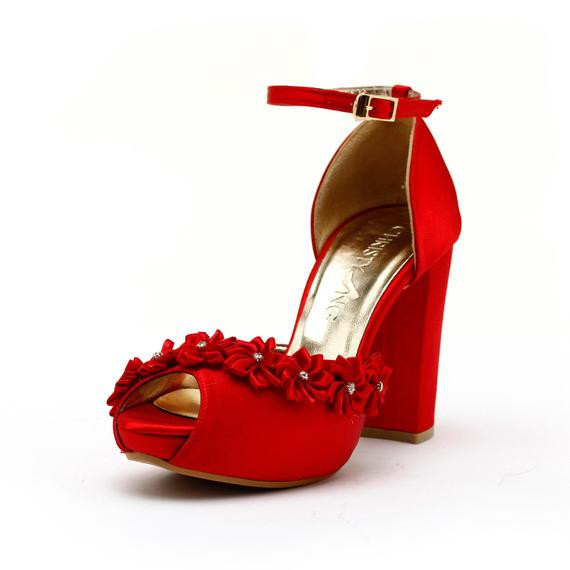 Wedding Shoes Red
 Items similar to Red Satin Thick Heel Bridal Shoes Red